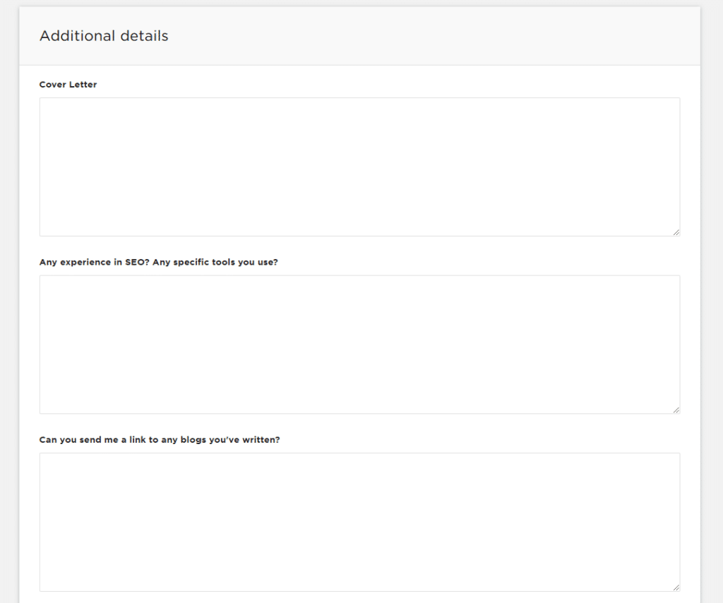 An Upwork job post with additional questions