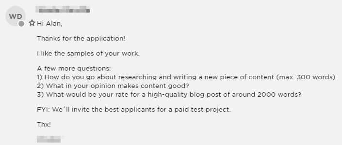How the client responded to my samples in the cover letter