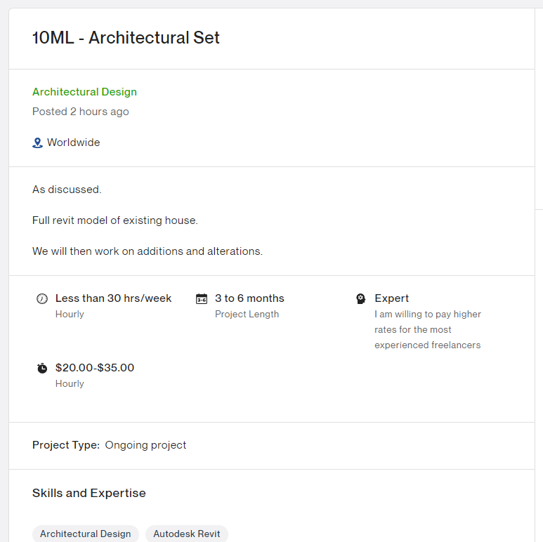 A job post on Upwork looking for someone to create an architectural set