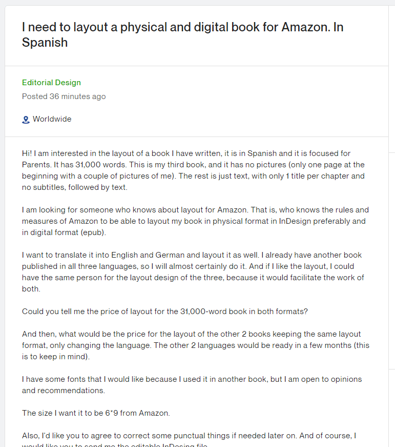 A job post on Upwork looking for a book designer