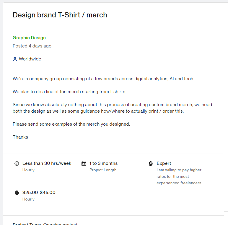 A job post on Upwork looking for someone to create a shirt and merch design